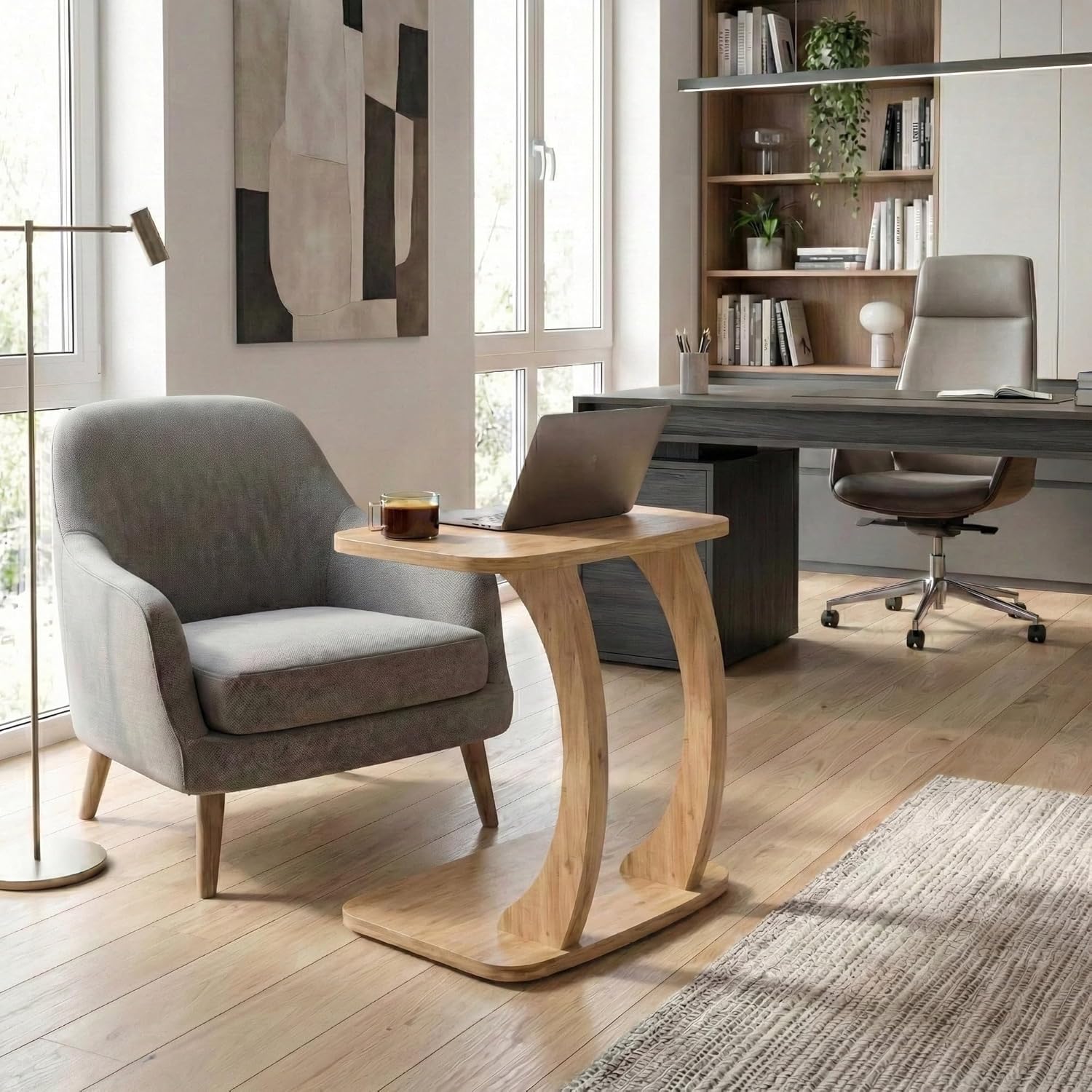 Modern C-Shaped Side Table, Curved Wood End Table for Couch, Sofa & Bed, Elegant TV Tray Table for Eating & Snacks, Space Saving Laptop Stand for Small Spaces, Unique Accent Furniture Piece