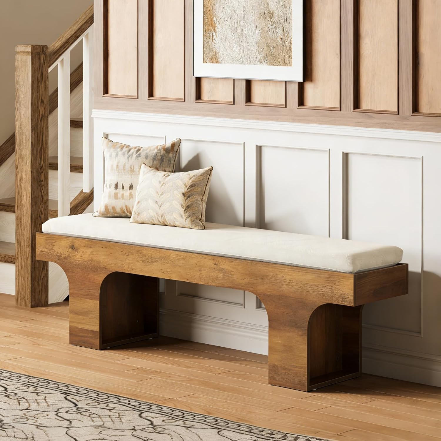 LITTLE TREE 55.2" Dining Bench with Linen Cushion, End of Bed Upholstered Bench, Farmhouse Entryway Bench for Hallway, Living Room, Bedroom, Kitchen