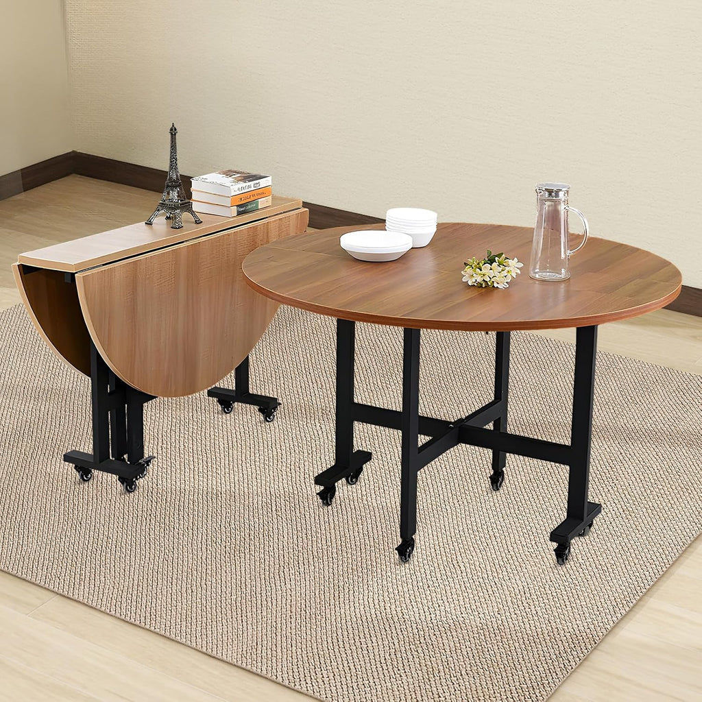 Drop Leaf Table, 51.2" Round Collapsible Dining Table for 7-9 People, Wooden Folding Dining Tables with 6 Wheels, Mobile and Stable, Space Saving, for Living Room, Farmhouse