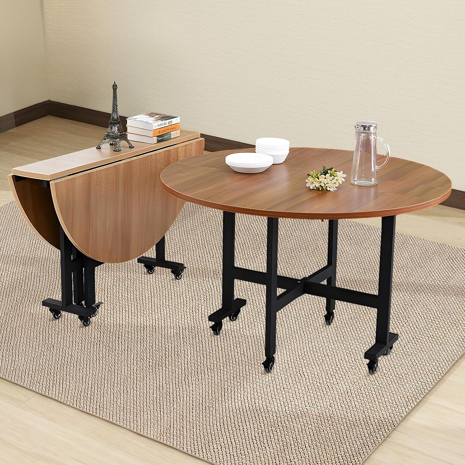 Drop Leaf Table, 51.2" Round Collapsible Dining Table for 7-9 People, Wooden Folding Dining Tables with 6 Wheels, Mobile and Stable, Space Saving, for Living Room, Farmhouse