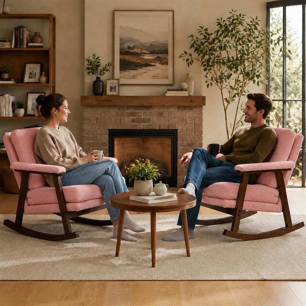 Nursery Rocking Chair, Pink Teddy Fabric Upholstered Rocking Accent Chair with Solid Wood Frame, High-Density Foam Cushion, Comfy Reading Armchair for Bedroom Nursery