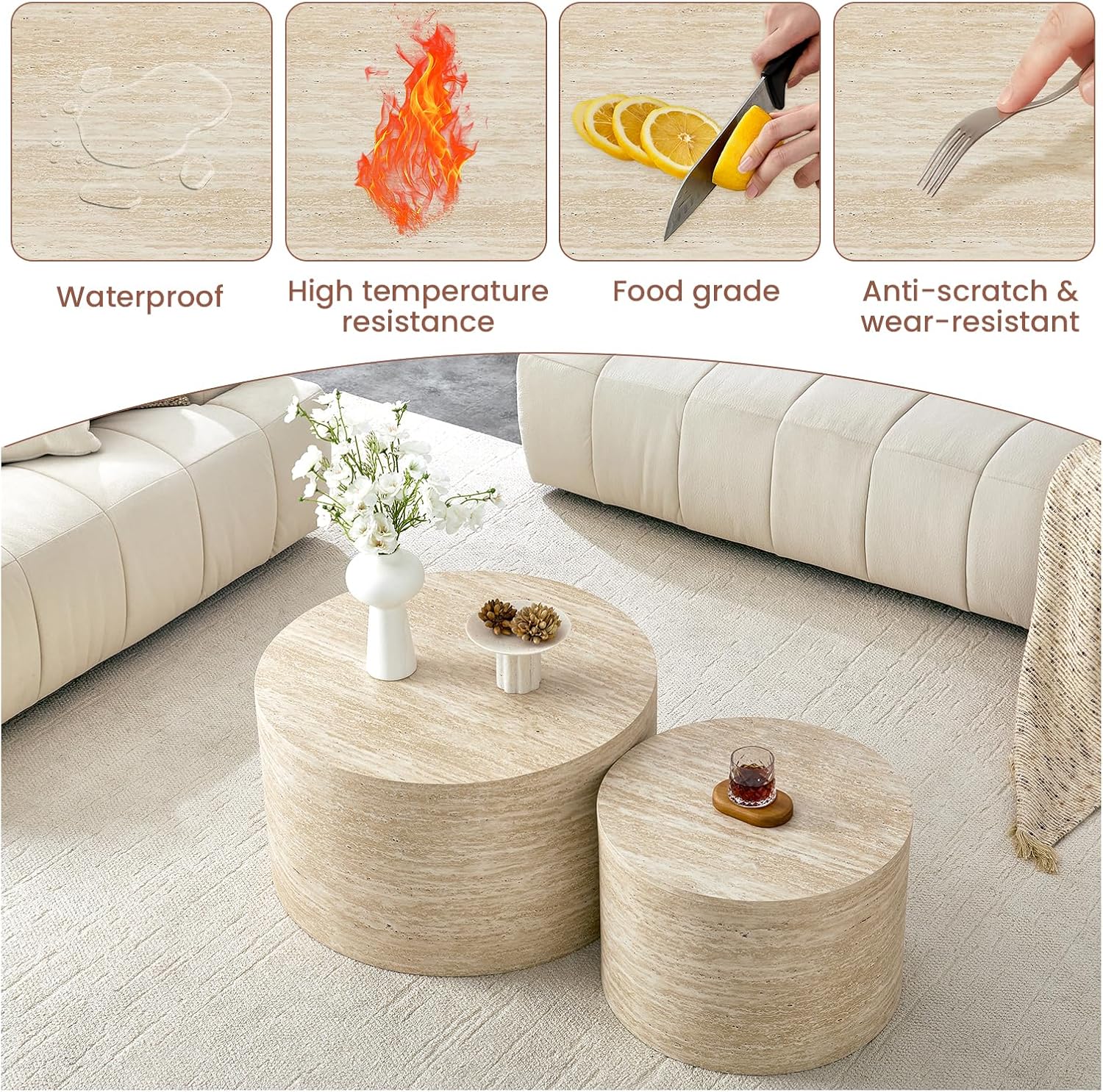 LKTART Round Nesting Coffee Table Set of 2， Modern Small Circle Coffee Table Travertine Side Table End Table Circular Coffee Tables Drum Nested Coffee Tables for Living Room