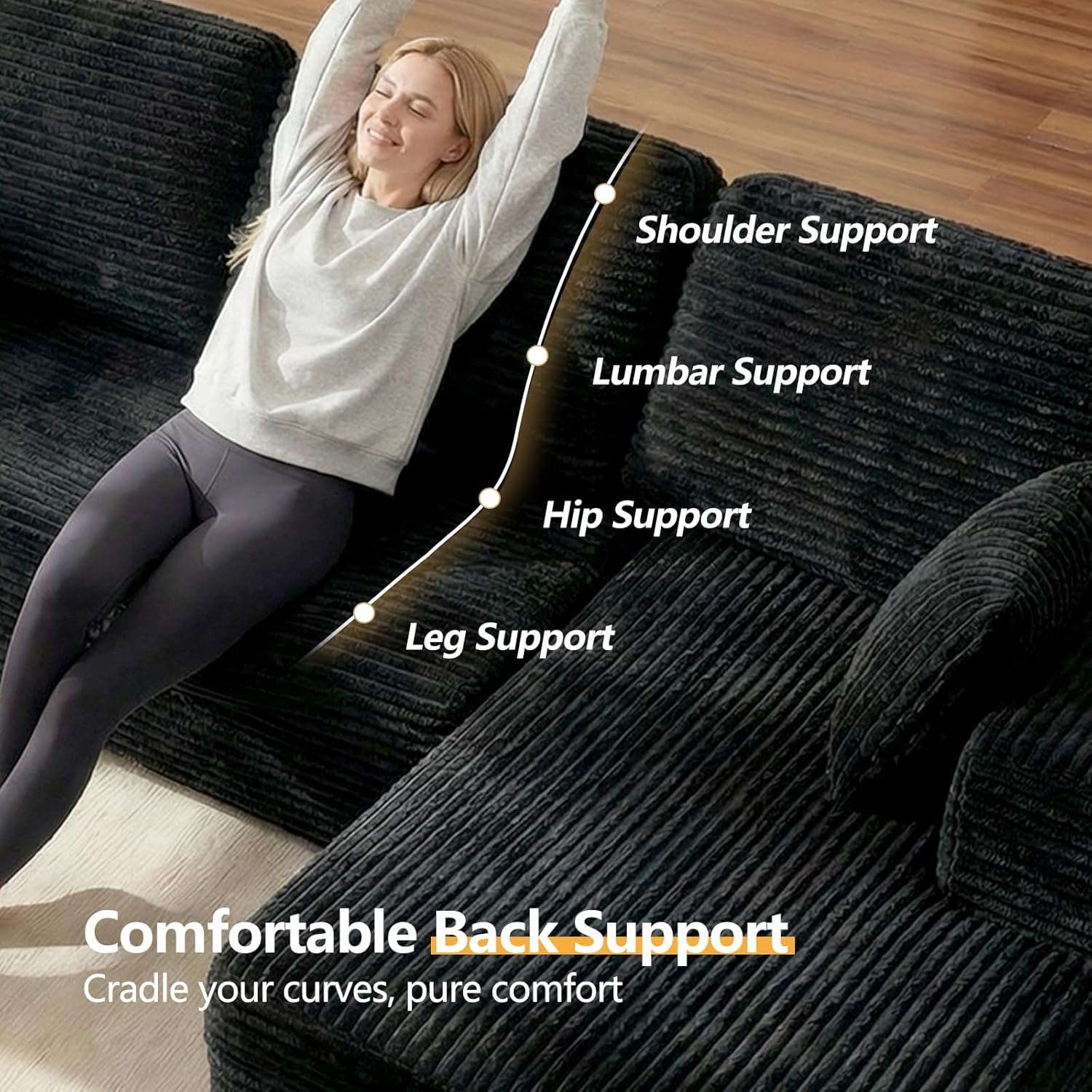 Modular Boneless L Shaped Sectional Couch, Cloud Style Sofa with Deep Seat Cushions, Sofa for Living Room and Apartment, Easy Assembly Couch in a Box (Black, 96" L Shape with Right Facing Chaise)
