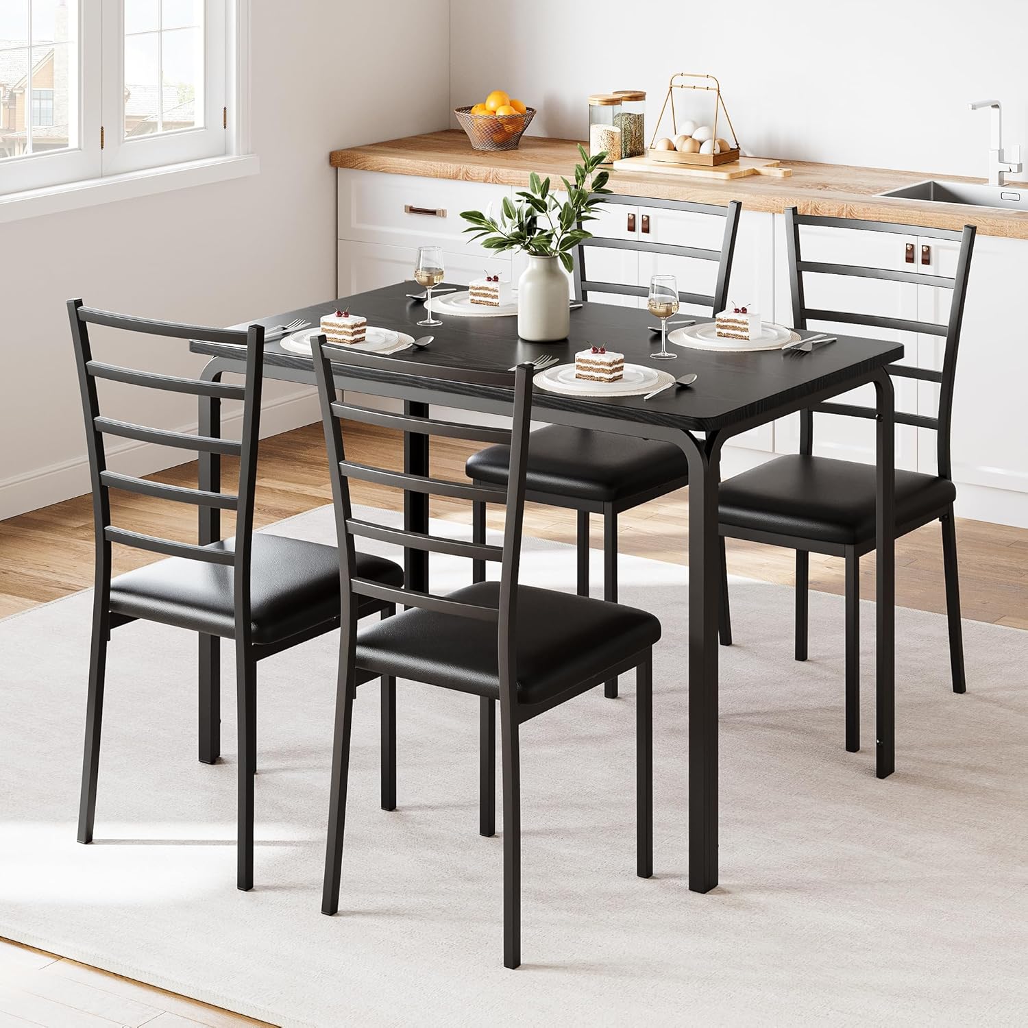 GarveeHome 5-Piece Kitchen Dining Room Table Chair Set for Small Space, Indoor Modern Dinette Set for 4, Square Dinner Table Set for Dinette (Black, Dining Table with 4 Chairs)