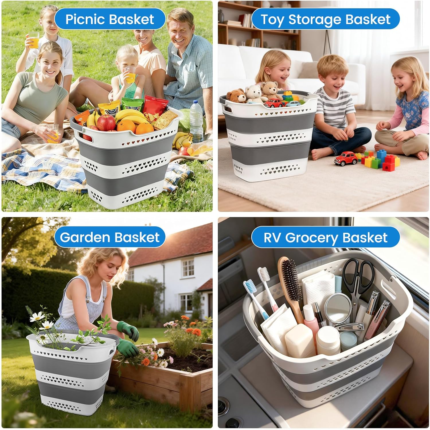 42L Collapsible Laundry Baskets with Handle, Large Laundry Hamper Plastic for Dirty Clothes, Pop Up Hampers Portable Bin Storage Basket Organizer for Home Dorm Room Organization RV Camping Essentials