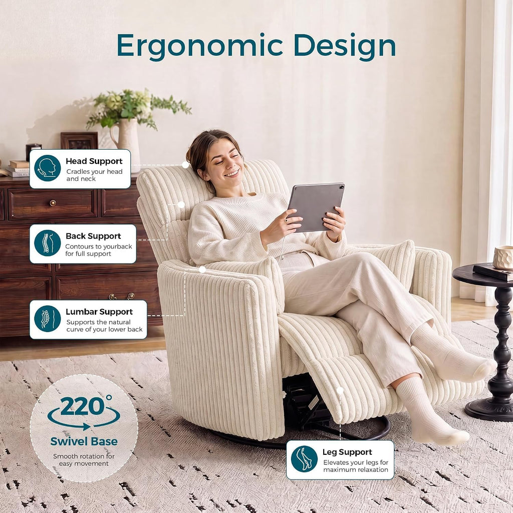 LINSY 220° Swivel Electric Power Recliner Chair, Corduroy Nursing Rocker with USB & Type-C, High Back Adult Comfort Chair with 2 Pillows, Space-Saving for Nursery, Bedroom, Living Room(Beige)