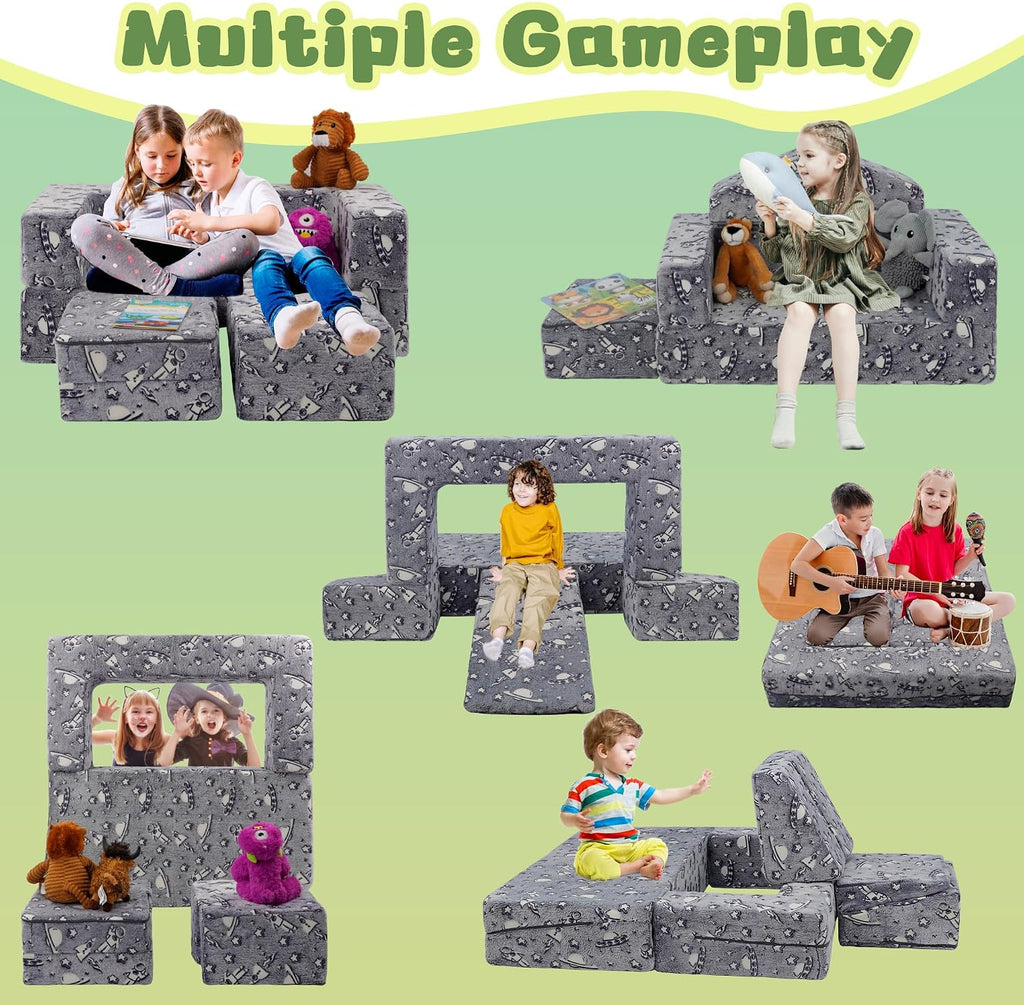 Kids Play Couch,3 in 1 Modular Toddler Sofa Glow in The Dark, Imaginative Foam Play Couch for Toddler and Baby, Convertible Kids Sofa for Playroom & Bedroom, Spacecraft