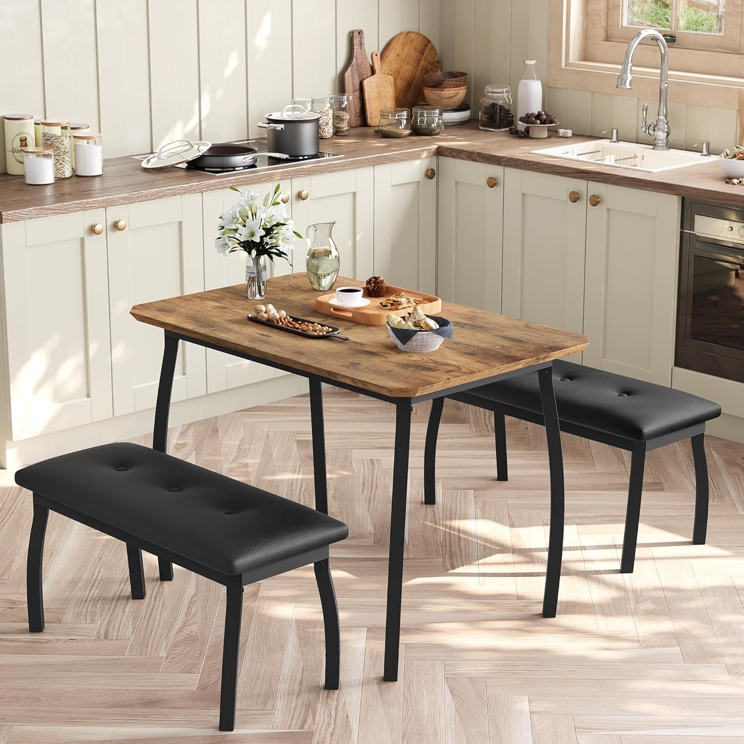 Dining Table for 4, 3-Piece Kitchen Table Set for 4 with Wooden Tabletop and Metal Frame, Industrial Kitchen Table with 2 PU Leather Benches for Bar, Dining Room, Restaurant(43''x28''x30''), Retro