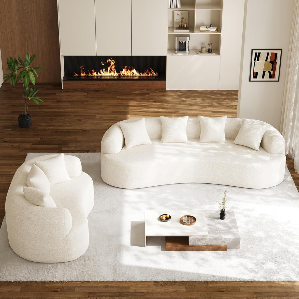 Oversized Sectional Sofa for Living Room, Modern Luxury Plush Chenille 4-Seater Extra Deep & Wide Seat Curved Cloud Couch with 4 Throw Pillows, No Assembly Needed, Cream White