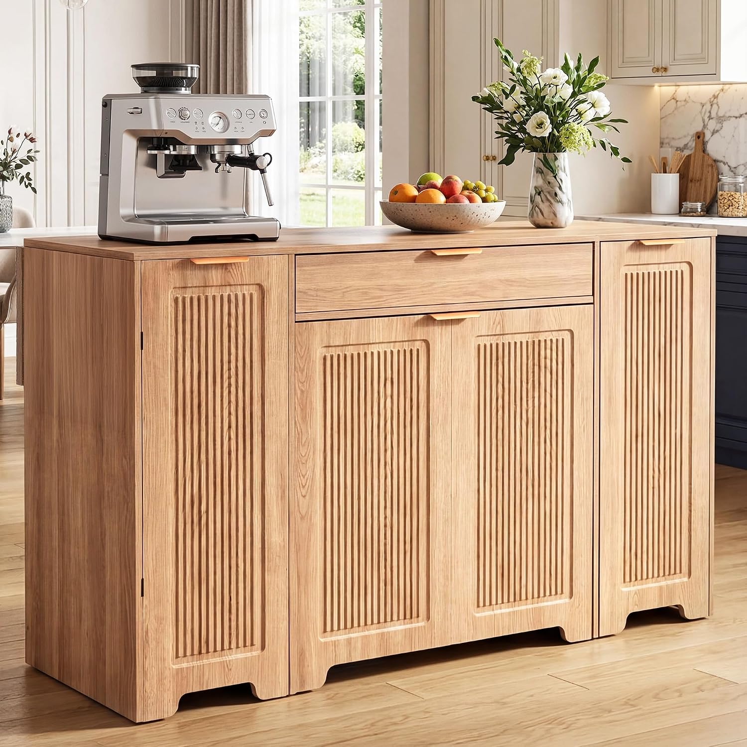 YITAHOME Expandable Kitchen Island with Hidden Trash Cabinet | 55.1" Rolling Kitchen Island with Drop Leaf, Storage Drawer & 3-Tier Side Shelves, Mobile Kitchen Island on Wheels with Hooks