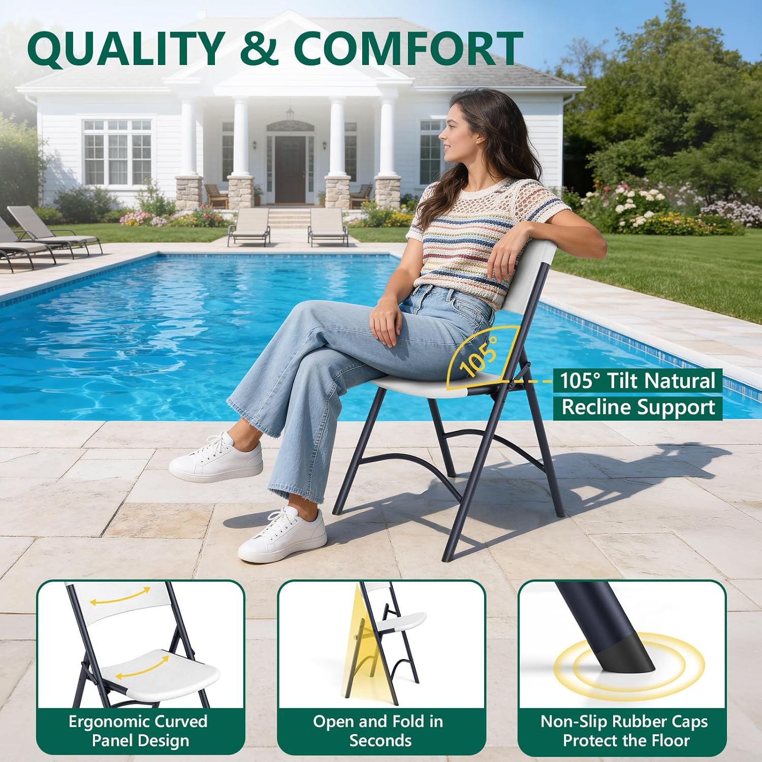 Folding Chairs 4 Pack, Outdoor Portable Foldable Chair with Steel Frame, 500lbs Capacity Heavy Duty Metal White Plastic Folding Chairs for Patio, Picnic, Kitchen, Dining