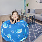 LOLOMLO Stuffed Animal Storage Bean Bag Chair Cover, Hold Kids Plush Toys Blankets Towels Beanbag (Cover Only), Canvas Floor Circle Stuff Sit Seat Sofa with YKK Zipper, Extra Large 38", Blue Shark
