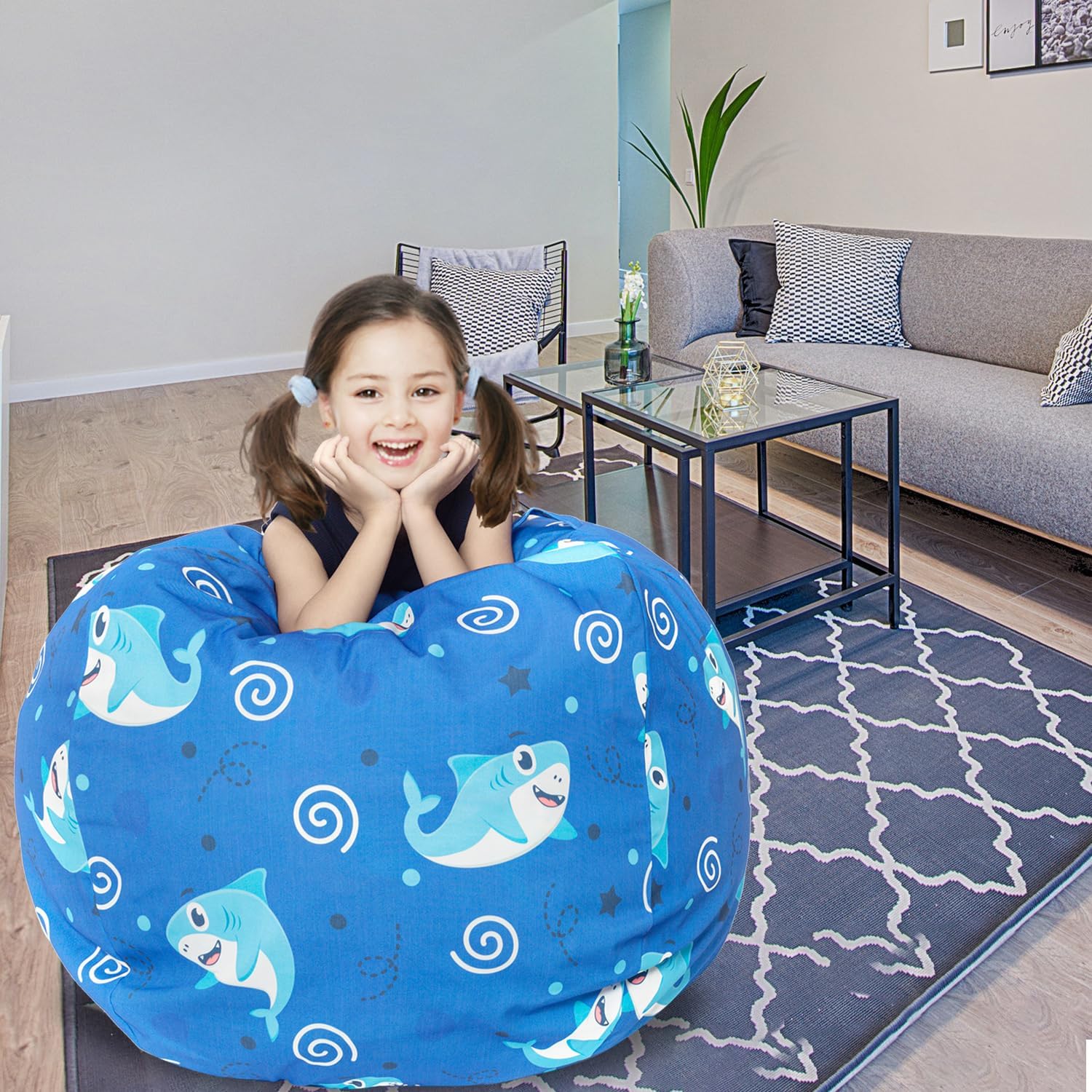 LOLOMLO Stuffed Animal Storage Bean Bag Chair Cover, Hold Kids Plush Toys Blankets Towels Beanbag (Cover Only), Canvas Floor Circle Stuff Sit Seat Sofa with YKK Zipper, Extra Large 38", Blue Shark