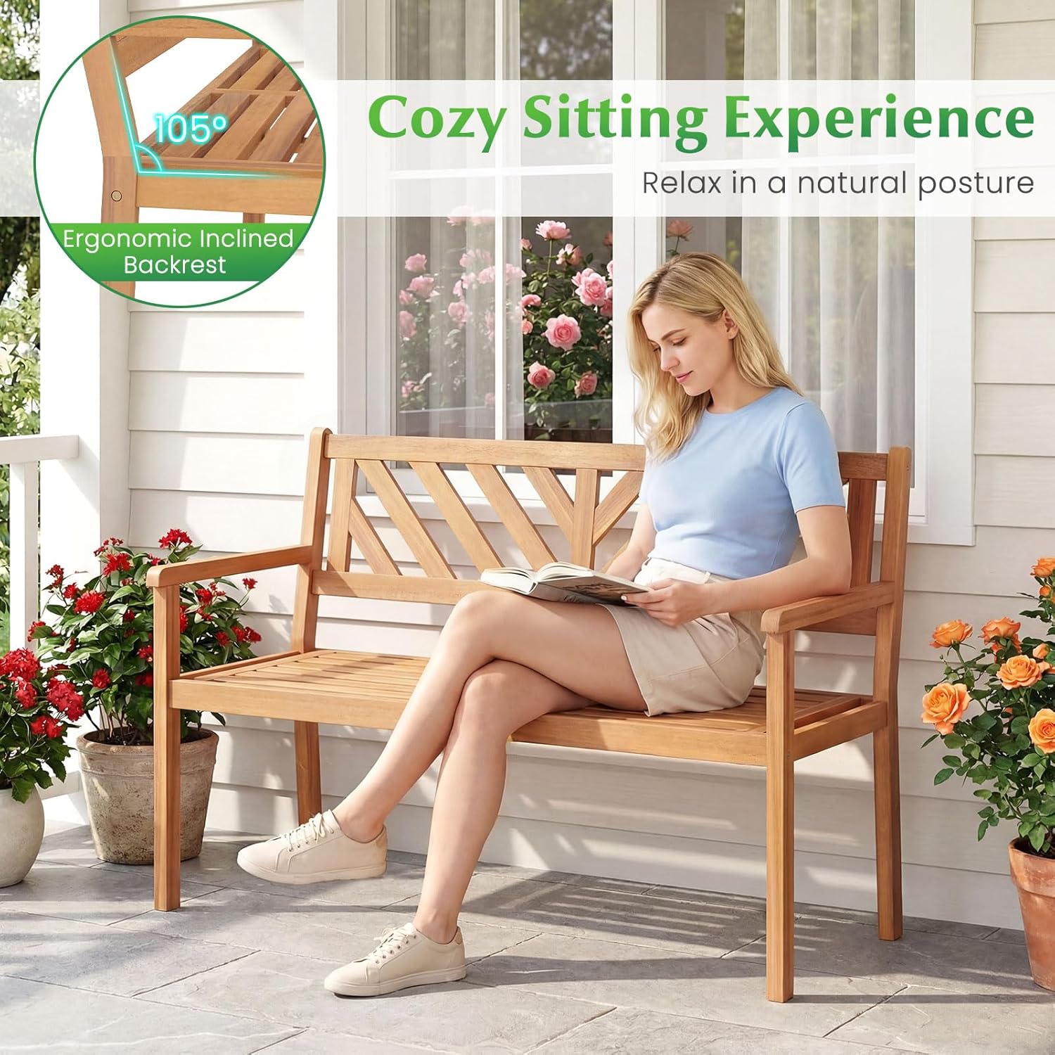 Tangkula Acacia Wood Outdoor Loveseat Bench, 2-Person Patio Garden Bench with Armrests & Backrest, Slatted Wooden Outside Seating Furniture for Backyard, Porch, Deck (V-Shaped Backrest)