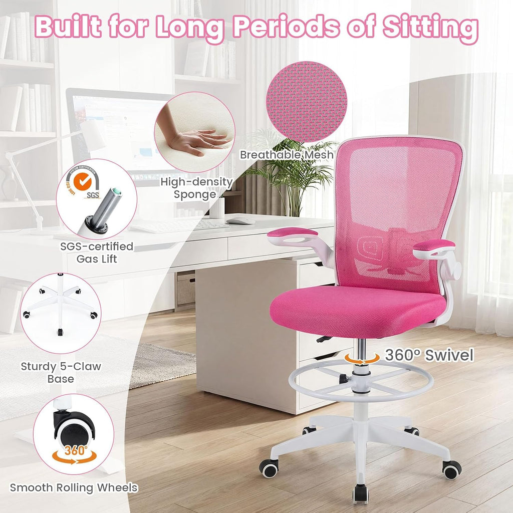 Giantex Ergonomic Drafting Chair Tall Office Chair with Flip-Up Armrests Footrest Ring Height Adjustable Executive Task Chair Mesh Computer Standing Desk Chair Lumbar Support for Home Office (Pink)