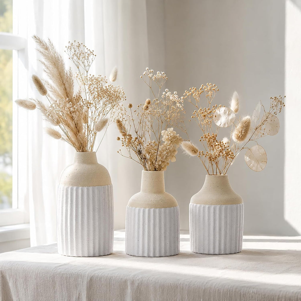Beige Decorative Vase Set of 3 - Modern Boho Style Ribbed Ceramic Bud Vases for Flowers, Mini Small Vases for Shelf, Shelves, Bookshelf, Entryway Table & Home Decor Aesthetic (Beige White)
