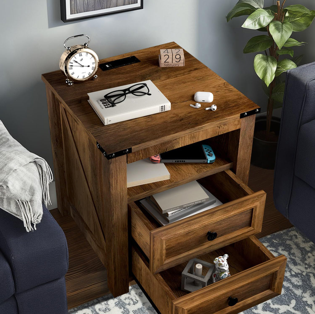 MUUEGM Night Stand with Charging Station, 18'' Rustic Nightstand with 2 Storage Drawers and Open Shelves, Modern Wood End Tables for Bedroom, Living Room, Closet, Office, Brown Nightstands