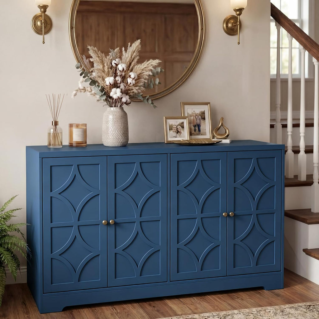 RoyalCraft Sideboard Buffet Cabinet with Storage, 56" Modern Sideboard with 4 Carved Doors, Large Wood Coffee Bar Console Table for Kitchen, Dining Room, Entryway, Living Room, Blue