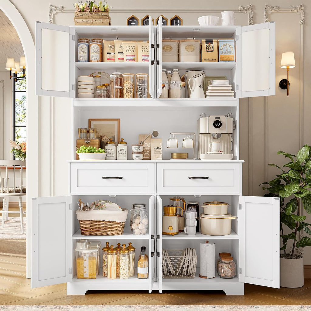 BOTLOG Pantry Storage Cabinet with Microwave Stand, 71" Tall Kitchen Hutch, Large White Pantry Cabinet with Glass Doors for Dining Room