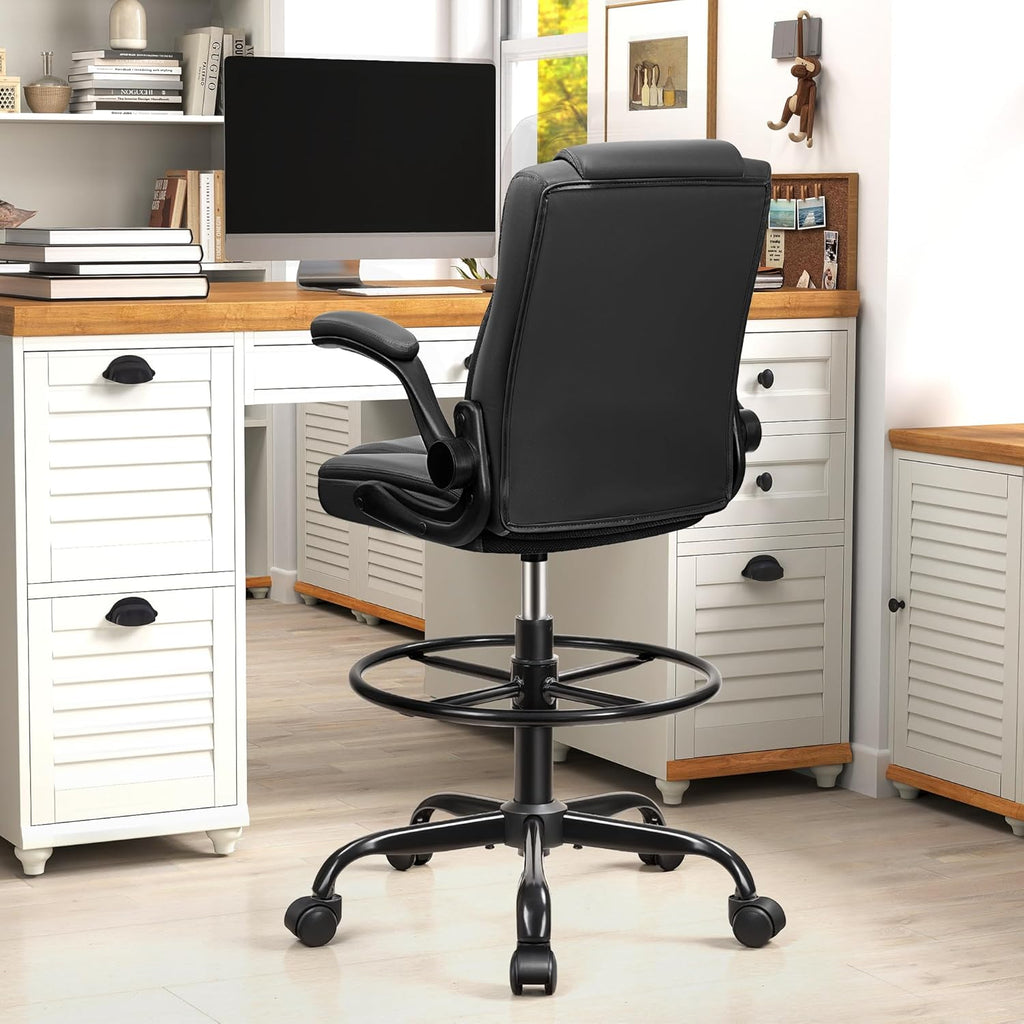 Drafting Chair, Tall Office Chair for Standing Desk, High Executive Leather Ergonomic Computer Chair with Adjustable Height and Flip-Up Armrest for Counter Height Desk, Black, Pack of 1