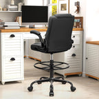 Drafting Chair, Tall Office Chair for Standing Desk, High Executive Leather Ergonomic Computer Chair with Adjustable Height and Flip-Up Armrest for Counter Height Desk, Black, Pack of 1