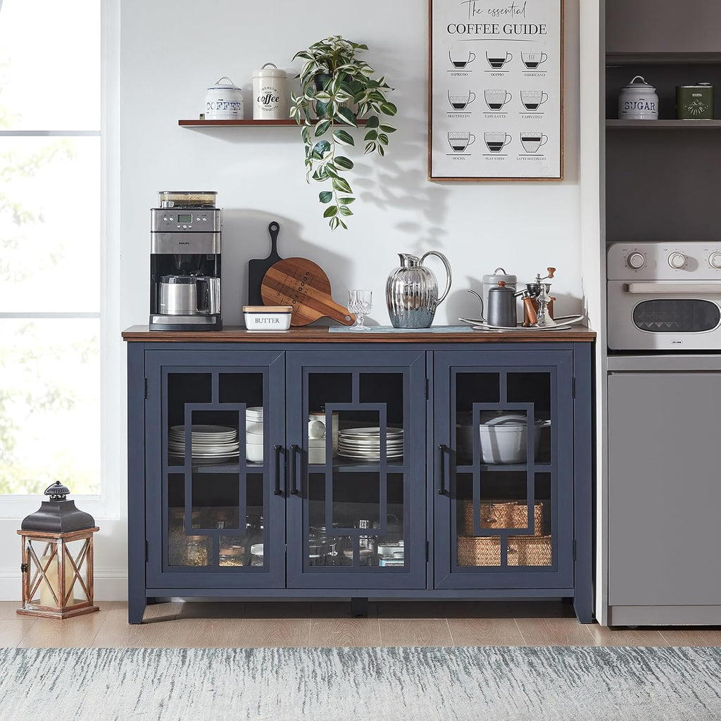 Joaxswe Large Sideboard Buffet Cabinet with Storage, 55" Farmhouse Kitchen Coffee Wine Bar Cabinet with 3 Glass Doors, Wood Mid Century Modern Side Board Table for Dining Room, Living Room,Navy Blue