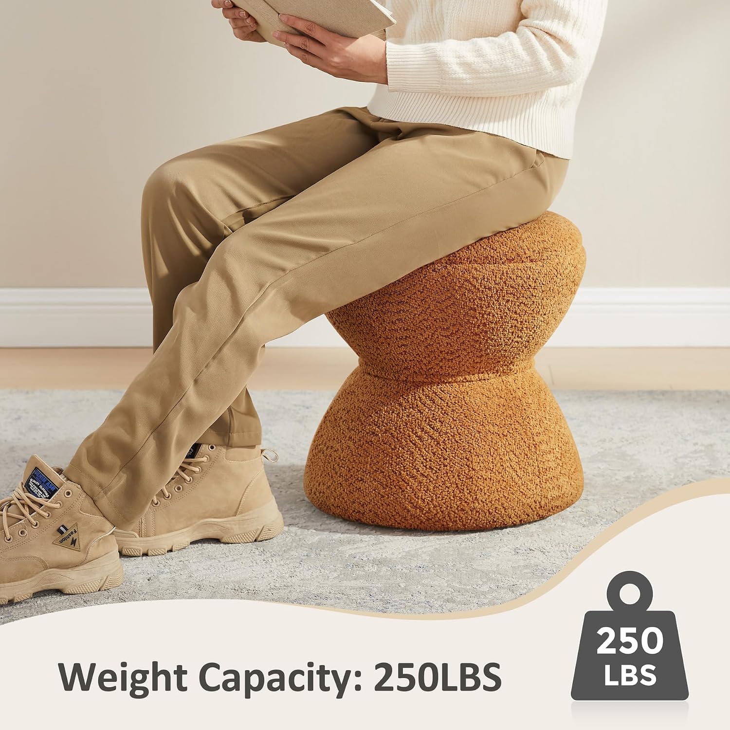 VANOMi Multi-Functional Boucle Ottoman, Set of 2, Vanity Stool Chair, Sturdy Wooden Footstool, Suitable for Living Room, Bedroom, and Entryway, Without Installation, Curry