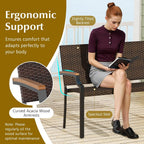 Tangkula Stackable Patio Wicker Loveseat Bench, 2-Person Rattan Outdoor Bench with Acacia Wood Armrests & Metal Frame, Rattan Conversation Furniture for Backyard, Garden, Balcony, Porch (1,Mix Brown)