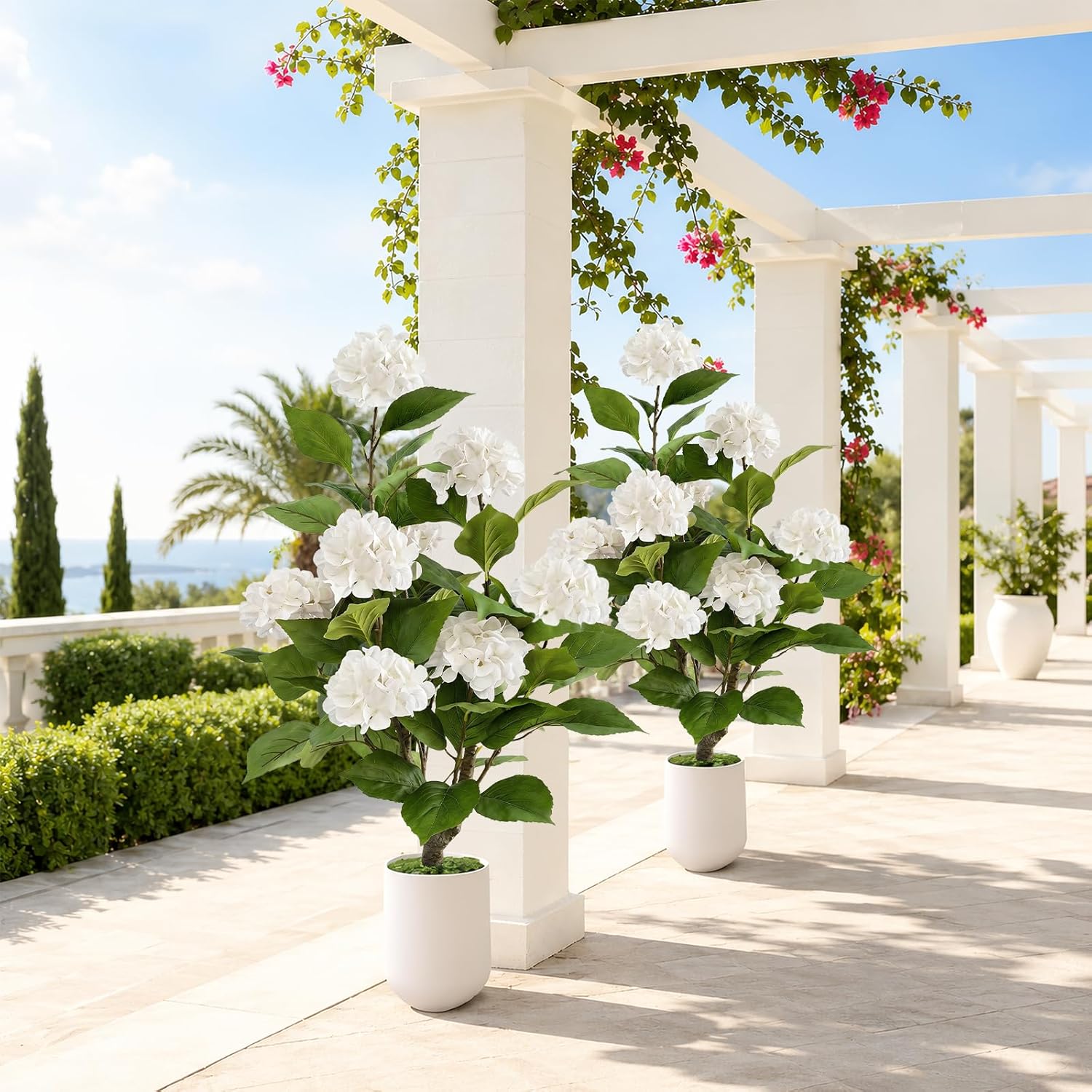3FT Artificial Hydrangea Tree 2 Pack, Realistic Faux Hydrangea Plants in Pot with White Flowers, Lifelike Faux Greenery Home Indoor Outdoor Front Porch Garden or Wedding, White