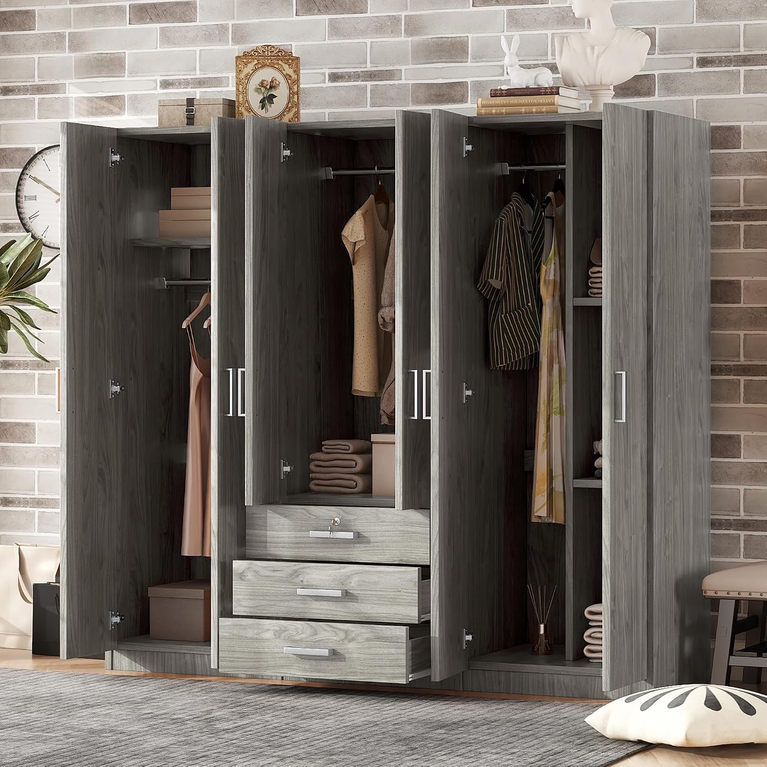 6-Door Wooden Wardrobe, Maximize Bedroom Storage with a Modern, Clean Design and Big Drawers (Gray)