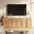 BELLEZE 3-Piece Modular Sideboard Cabinet Set Freely Configurable, Modern Wood Buffet Cabinet Contain 2 Arched Cabinet and 3-Drawer Storage, Credenza Console for Living Room Kitchen, Camel