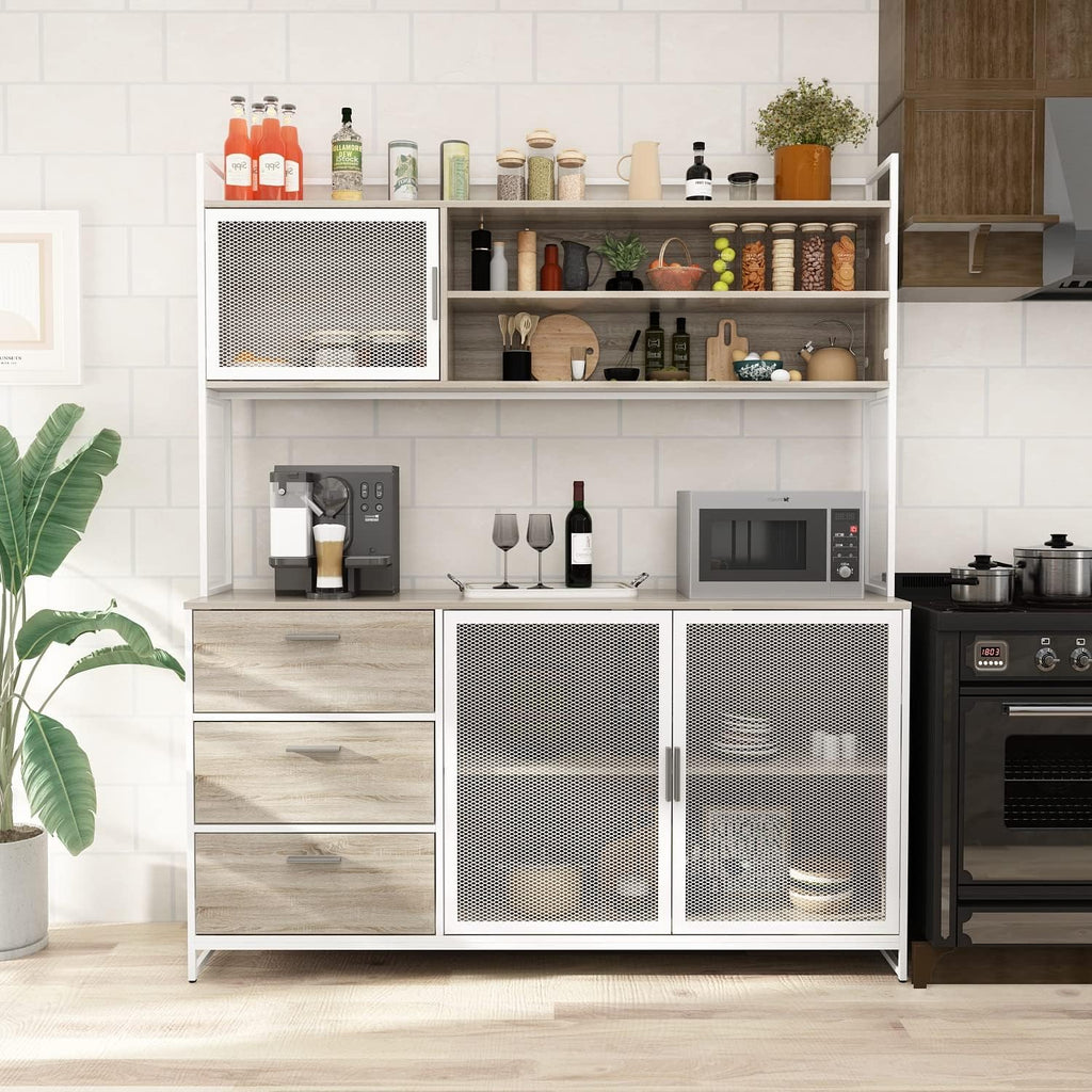 AGOTENI Large Kitchen Hutch Cabinet, Storage Cupboard Pantry with 3 Metal Doors, 3 Drawers & Microwave Shelf, for Kitchen Open Storage, Oak (59" W x 15.7" D x 68.5" H)