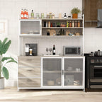 AGOTENI Large Kitchen Hutch Cabinet, Storage Cupboard Pantry with 3 Metal Doors, 3 Drawers & Microwave Shelf, for Kitchen Open Storage, Oak (59" W x 15.7" D x 68.5" H)