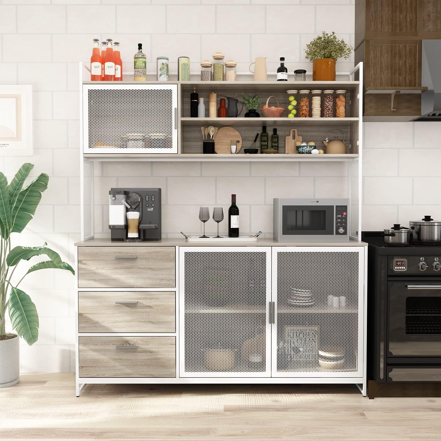 AGOTENI Large Kitchen Hutch Cabinet, Storage Cupboard Pantry with 3 Metal Doors, 3 Drawers & Microwave Shelf, for Kitchen Open Storage, Oak (59" W x 15.7" D x 68.5" H)
