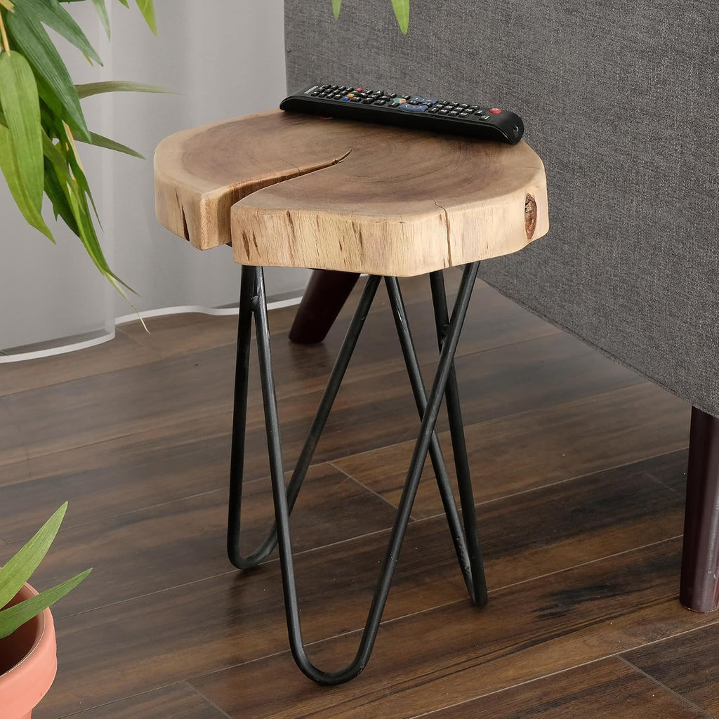 12" Wood End,Side Table, Living Room Accent Stool, Iron Legs, Home Décor, Brown,Black
