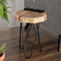 12" Wood End,Side Table, Living Room Accent Stool, Iron Legs, Home Décor, Brown,Black