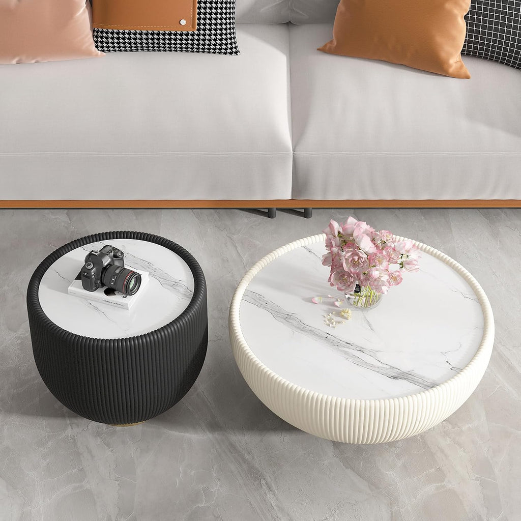 Penau Modern Round Side Table, Faux Marble Sintered Stone Top with Microfiber Leather Edge, Gold Metal Pedestal Base, No Assembly, 19.69 x 19.69 x 16.93 Inchs, Grey Pattern