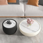 Penau Modern Round Side Table, Faux Marble Sintered Stone Top with Microfiber Leather Edge, Gold Metal Pedestal Base, No Assembly, 19.69 x 19.69 x 16.93 Inchs, Grey Pattern