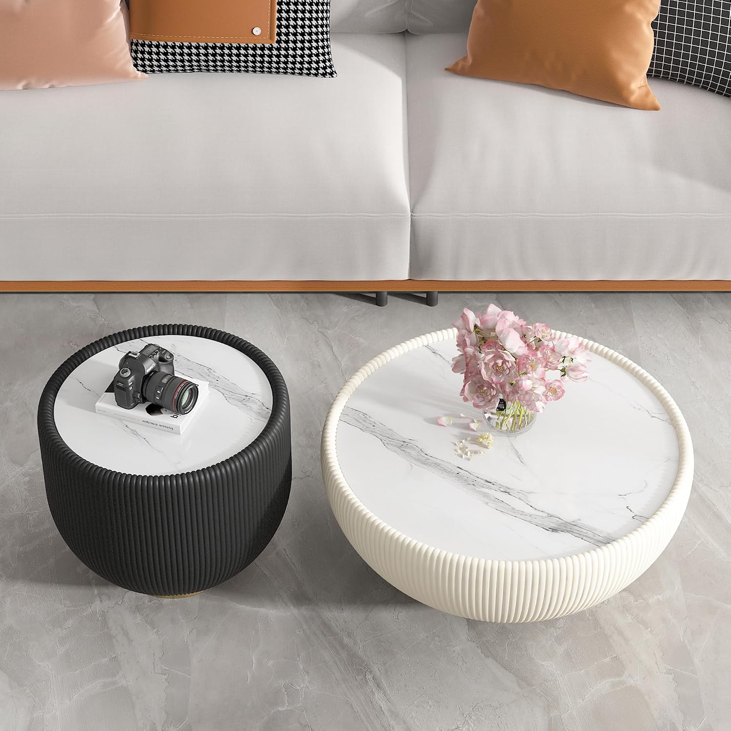 Penau Modern Round Side Table, Faux Marble Sintered Stone Top with Microfiber Leather Edge, Gold Metal Pedestal Base, No Assembly, 19.69 x 19.69 x 16.93 Inchs, Grey Pattern