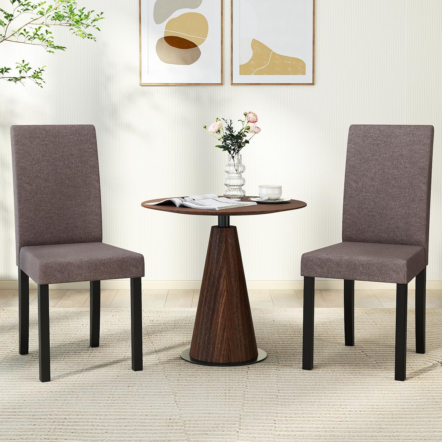 GOFLAME Upholstered Dining Chairs Set of 2, Fabric Kitchen Chairs with Padded Seat, Tilt Backrest, Rubber Wood Legs, Armless Side Chairs for Dining Room, Living Room, Restaurant, Brown