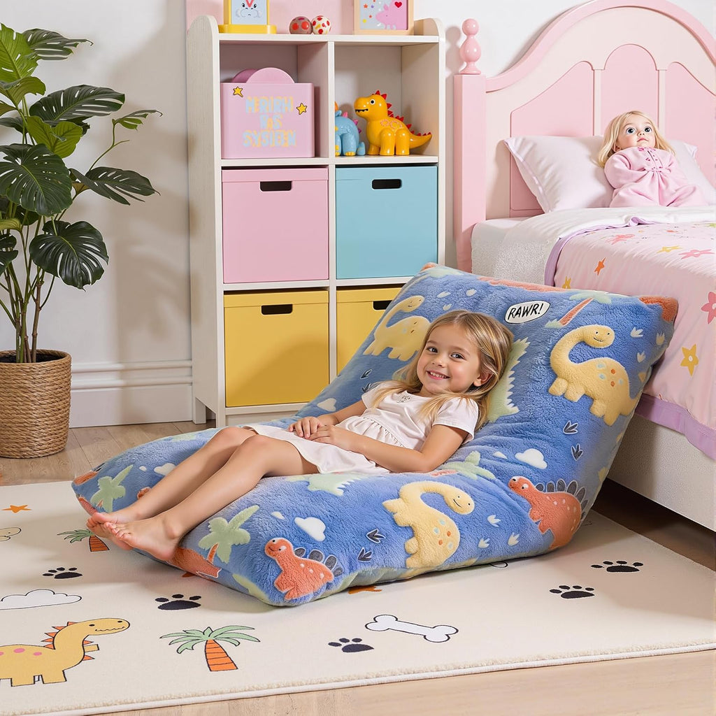 BRINJOY Kids Bean Bag Chair Bed, 3 in 1 Memory Foam Filled Bean Bag Sofa with Removable Cover for Playroom Daycare Bedroom, Toddlers Lazy Floor Mattress Lounger for Boys Girls, Glowing Dinosaur