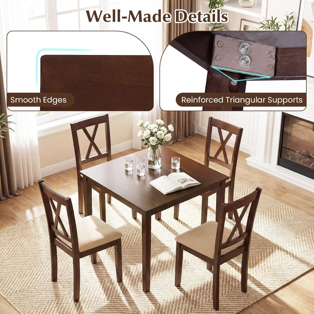 Giantex Dining Table Set for 4, Square Kitchen Table Set w/Rubber Wood Frame, 4 Upholstered Chairs w/X-Shaped Backrest, Space-Saving Dinette Set for Small Space, Dining Room, Breakfast Nook