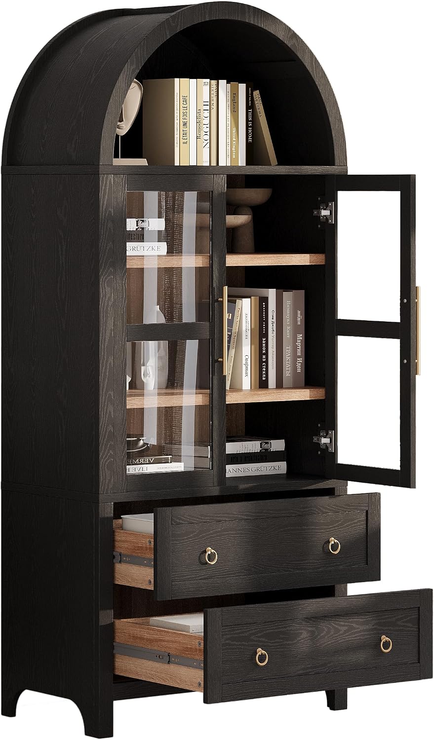 Modern Tall Arched Kitchen Pantry Cabinet with 2 Drawers, Wood Storage Cabinet Cupboard with Adjustable Shelves and Glass Door for Kitchens, Dining Room (Black)