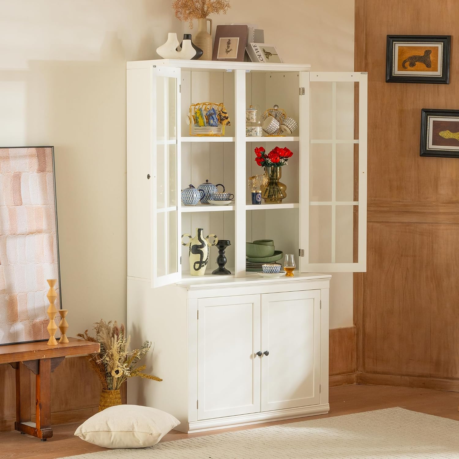 Virubi 75'' Tall China Hutch Cabinet with Glass Doors, Kitchen Pantry Storage with Adjustable Shelves, Coffee Bar Hutch for Kitchen Living Room Bar, White