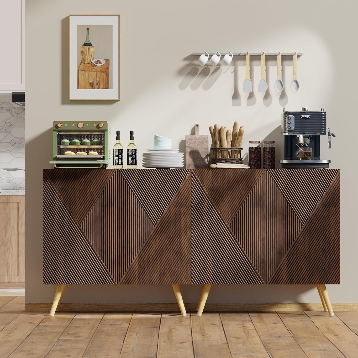 DHZ Fluted Sideboard Buffet Cabinet, 30” Wood Storage Credenza with Adjustable Shelf, Freestanding Accent Cabinet, Space-Saving Console Coffee Bar Cabinet for Living Room, Kitchen