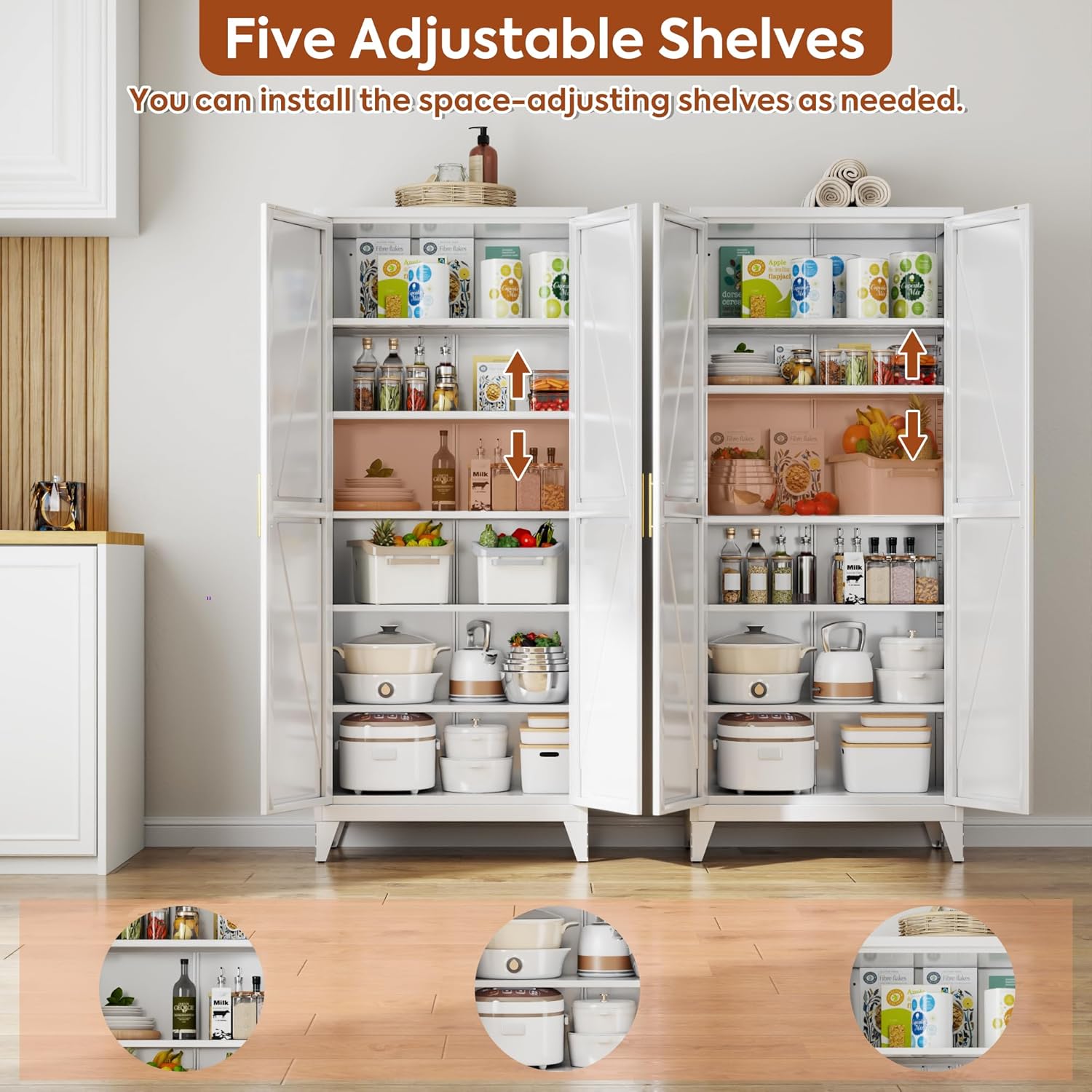 75.3" H Kitchen Pantry Cabinet with 5 Adjustable Shelves, Farmhouse Metal Pantry Cabinet with 2 Doors for Kitchen Home, Assembly Required,White