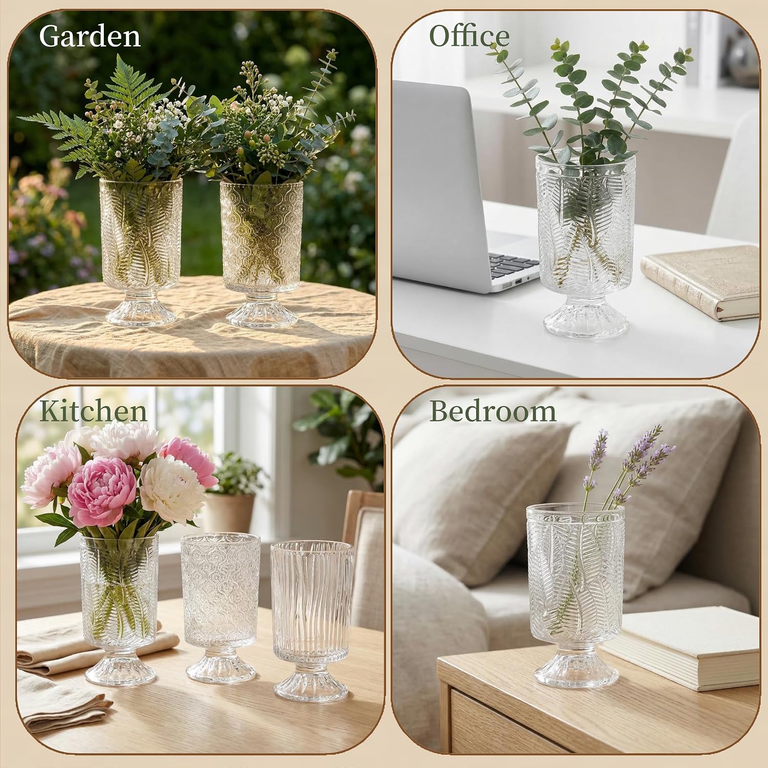 Pumtus 3 Pack Flower Vases for Centerpieces, Vintage Glass Pedestal Vase Set, Decorative Embossed Big Base Vase, Clear Hurricane Candle Holder, Medium Cylinder Vase for Wedding, Home, Party, Office