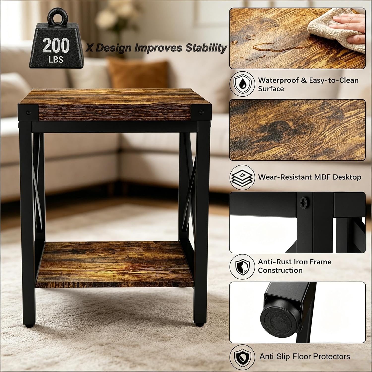Industrial End Table for Living Room, 18" Large Square Side Table with 2-Tier Storage Shelf, X-Design Metal Frame, Rustic Brown Modern Farmhouse Nightstand Bedside Table for Bedroom Office