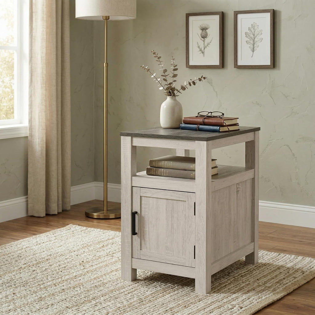 Signature Design by Ashley Fendenmore Farmhouse Chairside End Table with Storage and USB Ports, Gray & White