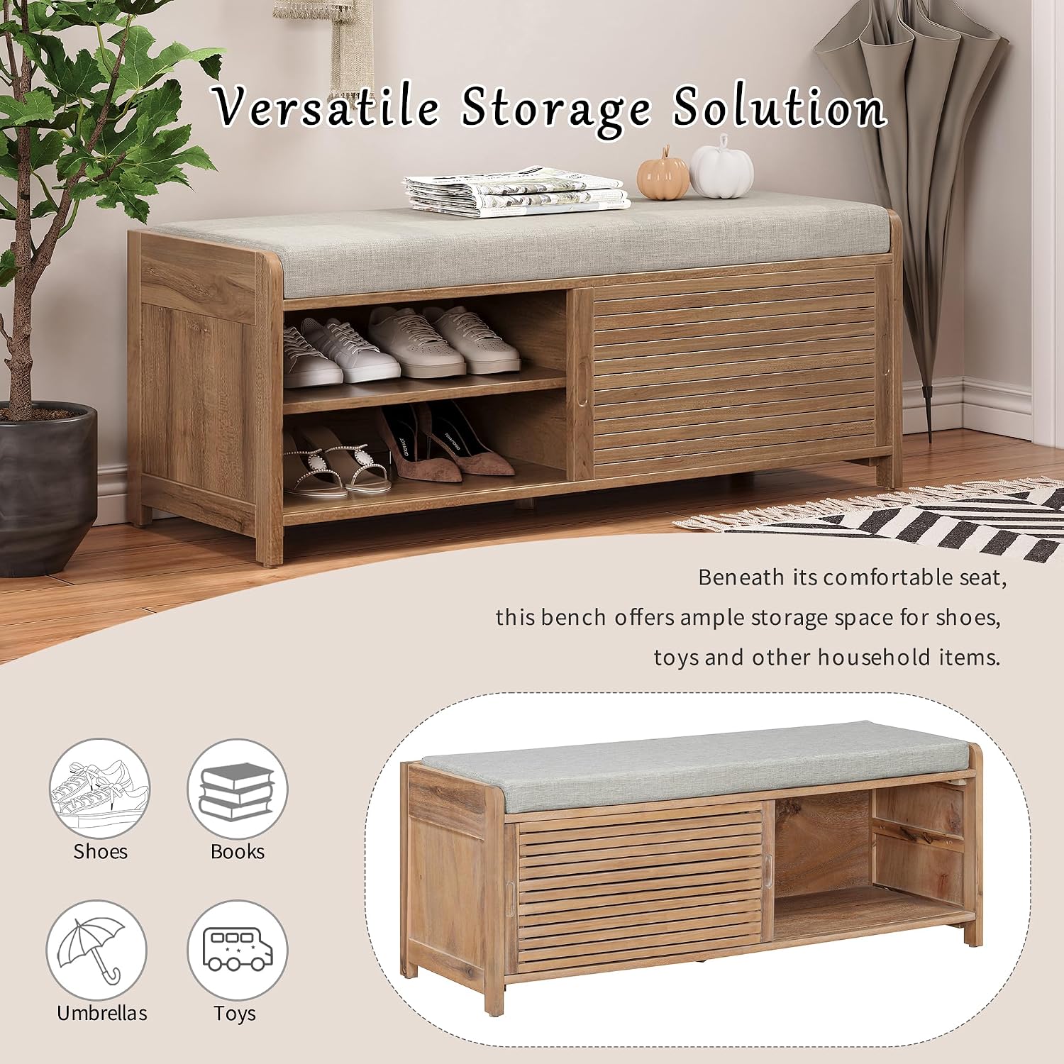 LUMISOL Shoe Bench with Storage and Cushion, Farmhouse Distressed Shutter Storage Bench with Retro Charm for Living Room, Entryway, White Washed